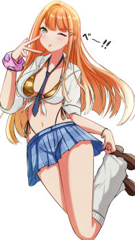1girl :p ;p amesuku_gyaru bikini black_necktie blonde_hair blue_skirt blush breasts brown_shoes commentary_request full_body gakuen_idolmaster gold_bikini gyaru hair_ornament hairclip highres idolmaster kogal looking_at_viewer loose_socks medium_breasts multiple_hairclips navel necktie one_eye_closed raku_(raku-san) shirt shiun_sumika shoes short_sleeves skirt socks solo swimsuit tied_shirt tongue tongue_out v white_background white_shirt white_socks wristband