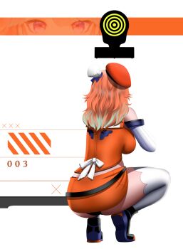 1girl ass bare_shoulders black_panties black_shoes blackcapbandit chef_hat detached_sleeves earrings feather_earrings feathers goddess_of_victory:_nikke gradient_hair green_hair hat highres hololive hololive_english jewelry long_hair looking_at_viewer meme microskirt mini_chef_hat multicolored_hair multiple_hats nikke&#039;s_shooting_pose_(meme) orange_hair orange_hat orange_skirt panties shoe_soles shoes shooting_range skirt sneakers solo spread_legs squatting takanashi_kiara takanashi_kiara_(1st_costume) target target_practice thighhighs thighs underwear virtual_youtuber