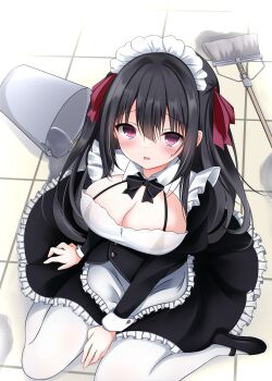 Rule 34 | 1girl, absurdres, accident, apron, arm at side, between legs, black bow, black bowtie, black dress, black hair, black shoes, blunt bangs, blush, bow, bowtie, breasts, bucket, cleavage, cleavage cutout, clothing cutout, commentary, dress, eyes visible through hair, frilled apron, frilled dress, frills, from above, full body, furrowed brow, hair between eyes, hair intakes, hair ribbon, hand between legs, highres, juliet sleeves, large breasts, long hair, long sleeves, looking at viewer, maid, maid apron, maid day, maid headdress, maitsuki moe, mary janes, mop, on floor, open mouth, original, pantyhose, puffy sleeves, purple eyes, red ribbon, ribbon, shoes, sidelocks, sitting, solo, straight hair, sweatdrop, tile floor, tiles, two side up, upturned eyes, uuy (uuypro), wariza, water, white apron, white pantyhose