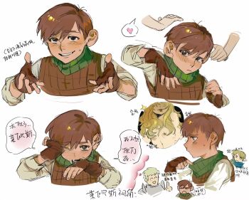 1girl 2boys bandana black_eyes blonde_hair blue_dress blush brown_gloves brown_hair brown_vest chilchuck_tims chinese_text closed_eyes closed_mouth crying crying_with_eyes_open dress dungeon_meshi fingerless_gloves fingernails gloves green_bandana grey_armor hair_between_eyes hand_on_own_face hands_up heart hetero highres index_finger_raised kugai697139 laios_touden lips long_hair long_sleeves looking_at_another looking_at_viewer marcille_donato multiple_boys multiple_views one_eye_closed open_mouth pointy_ears shirt short_hair smile sparkle speech_bubble spoken_heart sweatdrop tan tears teeth thinking thought_bubble translation_request upper_body vest wavy_hair white_shirt