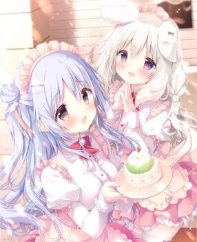 2girls :d animal_ears apron black_eyes blue_hair blush bow bowtie breasts cake commentary dog_ears dog_girl dog_tail english_commentary food frilled_apron frills hair_between_eyes hair_bun hands_up highres holding holding_plate indoors juliet_sleeves long_hair long_sleeves looking_at_viewer maid_apron maid_headdress medium_breasts multiple_girls one_side_up open_mouth original own_hands_together pink_skirt plate puffy_sleeves purple_eyes red_bow red_bowtie shiratama_(shiratamaco) shirt single_side_bun skirt smile steepled_fingers tail thighhighs very_long_hair white_hair white_shirt white_thighhighs wooden_wall
