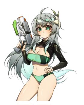1girl aqua_bikini aqua_eyes bikini black_shrug black_survival breasts character_request cleavage cowboy_shot eternal_return:_black_survival flower grey_hair gun hair_flower hair_ornament highres holding holding_gun holding_weapon long_hair looking_at_viewer navel shrug_(clothing) simple_background solo suillus swimsuit water_gun weapon white_background white_flower