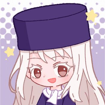 1girl :d commentary_request fate/stay_night fate_(series) hat illyasviel_von_einzbern open_mouth red_eyes smile tongyao_(su-yao) white_hair