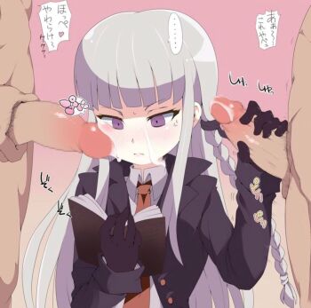 1girl 2boys angry blush bored cheek_poke cum cum_on_body danganronpa:_trigger_happy_havoc danganronpa_(series) expressionless facial gloved_handjob gloves group_sex handjob hetero highres japanese_text kirigiri_kyoko mmf_threesome multiple_boys multitasking penis penis_grab penis_milking penis_on_cheek penis_on_face penis_poking_cheek pubic_hair reading threesome translated uninterested veins veiny_penis