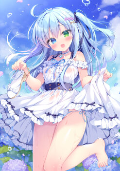 1girl :d absurdres ahoge bare_shoulders barefoot black_bow blue_eyes blue_panties blue_ribbon blush borrowed_character bow breasts center_frills cloud commentary_request commission cowboy_shot day dress feet flower frills green_eyes hair_bow hair_flower hair_ornament heterochromia highres holding holding_sandals hydrangea kirimiya_tsurugi leg_up lifting_own_clothes long_hair looking_at_viewer medium_breasts neck_ribbon off-shoulder_dress off_shoulder open_mouth original outdoors panties purple_flower ribbon sandals side-tie_panties single_hair_intake skeb_commission smile solo sparkle toes underwear wet wet_clothes wet_dress white_dress x_hair_ornament