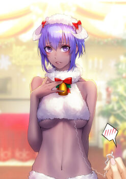 2girls bare_shoulders bell blush breasts cropped_shirt dark-skinned_female dark_skin fake_horns fate/grand_order fate_(series) fur_collar hassan_of_serenity_(fate) hassan_of_serenity_(merry_sheep)_(fate) hat highres horns jingle_bell looking_at_viewer medium_breasts multiple_girls navel purple_eyes purple_hair sheep_horns shirt short_hair sidelocks solo_focus underboob white_hat white_shirt yand