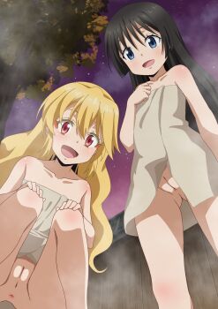 2girls :d alice_rondo anus black_hair blonde_hair blue_eyes blush chloe_aubert cleft_of_venus dbmaster female_focus flat_chest from_below hand_on_own_chest hands_on_own_knees highres loli long_hair looking_at_viewer looking_down multiple_girls night night_sky open_mouth pussy red_eyes sky smile squatting standing star_(sky) starry_sky steam tensei_shitara_slime_datta_ken towel tree uncensored
