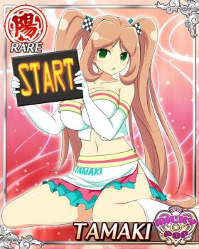 1girl :o aqua_skirt blush boots border breasts brown_hair card_(medium) character_name checkered_flag cleavage collarbone elbow_gloves english_text flag flag_hair_ornament frilled_skirt frills game_cg gloves green_eyes hair_bobbles hair_ornament holding holding_sign large_breasts linea_alba long_hair looking_at_viewer multicolored_skirt non-web_source official_alternate_costume official_art open_mouth race_flag race_queen red_skirt senran_kagura senran_kagura_new_wave shiny_skin side_slit sign simple_background sitting skirt solo strapless tamaki_(senran_kagura) tube_top twintails very_long_hair wariza white_background white_boots white_gloves white_skirt white_tube_top