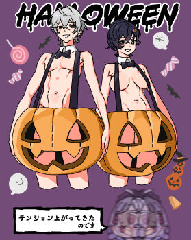 1boy 2girls absurdres alternate_costume andii_(anzai_teachco) belle_(zenless_zone_zero) black_bow black_bowtie black_hair bow bowtie breasts candy chibi chibi_inset commentary_request cropped_legs food grey_hair hair_between_eyes halloween halloween_costume highres jack-o&#039;-lantern large_breasts multiple_girls naked_pumpkin pumpkin pumpkin_costume purple_background purple_hair short_hair simple_background translation_request vivian_banshee wise_(zenless_zone_zero) zenless_zone_zero