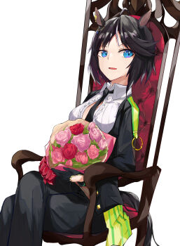Rule 34 | 1girl, ahoge, animal ears, bekusi3250, black gloves, black hair, black jacket, black necktie, black pants, blue eyes, bouquet, breasts, center frills, center opening, chair, collared shirt, commentary request, crossed legs, flower, frilled shirt, frills, fuji kiseki (shooting star revue) (umamusume), fuji kiseki (umamusume), gloves, highres, holding, holding bouquet, horse ears, horse girl, horse tail, jacket, large breasts, long sleeves, looking at viewer, multicolored hair, necktie, on chair, open mouth, pants, shirt, short hair, sitting, smile, solo, tail, umamusume, white shirt