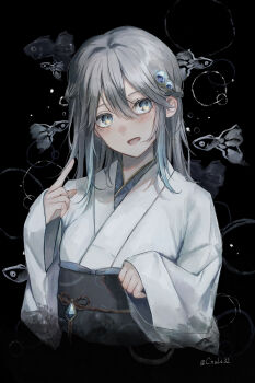 1girl absurdres air_bubble bird black_background blue_eyes braid bubble cago032 commentary_request cropped_torso double-parted_bangs gem grey_hair hair_between_eyes hair_ornament half_up_braid han&#039;eri hand_up highres index_finger_raised japanese_clothes kimono light_blush long_hair long_sleeves looking_to_the_side looking_up making-of_available mole mole_under_eye obi obiage obijime open_mouth original sash signature sleeves_past_wrists solo twitter_username upper_body watermark white_kimono wide_sleeves