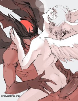 2boys angel angel_and_devil angel_wings artist_name ass blush colored_skin dark_skin demon demon_wings devil devilman erection closed_eyes hamletmachine head_back head_wings horns interracial interspecies large_penis male_focus multiple_boys parted_lips penis sitting sitting_on_person steam uncensored white_skin wings yaoi