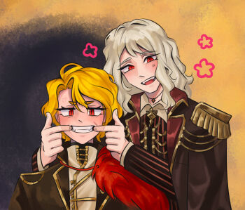 1boy 1girl ahoge blonde_hair blush don_quixote_(project_moon) epaulettes fizzlemeef forced_smile fur_collar highres jewelry la_manchaland&#039;s_don_quixote_(project_moon) limbus_company long_hair male_focus military military_uniform necklace open_mouth project_moon red_eyes sancho_(project_moon) short_hair smile upper_body white_hair