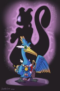 bag beak bird blue_feathers cramorant doesnotexist feathers gen_1_pokemon gen_8_pokemon green_eyes highres legendary_pokemon mewtwo nintendo pokemon pokemon_(creature) pokemon_mystery_dungeon scarf signature silhouette