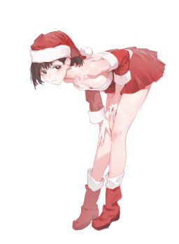 1girl absurdres arched_back blush breasts brown_eyes brown_hair chainsaw_man cleavage commentary detached_sleeves dino_(dinoartforame) downblouse dress english_commentary hat higashiyama_kobeni highres looking_at_viewer red_dress red_hat red_shoes santa_costume santa_dress santa_hat shoes simple_background small_breasts solo strapless strapless_dress sweat white_background