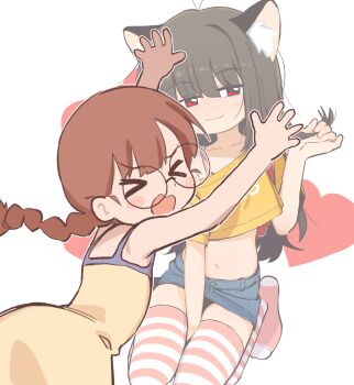 &gt;_&lt; 2girls angry animal_ears backpack bag black_hair blush blush_stickers braid brown_hair cat_ears cat_girl closed_eyes commentary covering_another denim denim_skirt dress english_commentary heart highres horizontal-striped_thighhighs long_hair mesugaki_(orenji) midriff multiple_girls open_mouth orenjipiiru original outline pink_thighhighs randoseru red_eyes simple_background single_braid skirt smug striped_clothes striped_thighhighs tank_top thighhighs white_background white_outline white_thighhighs yellow_dress yellow_tank_top