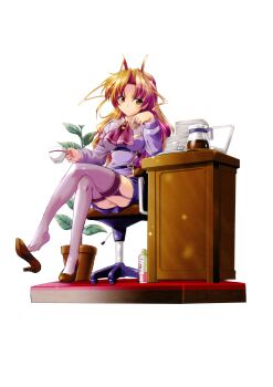 00s 1girl absurdres blonde_hair chair coffee_pot computer crossed_legs cup garter_straps hair_intakes high_heels highres kazetsubaki_kuriko komatsu_eiji laptop legs long_sleeves maburaho office_chair plant potted_plant purple_thighhighs scan school_uniform shoe_dangle shoes sitting spray_can swivel_chair table teacup thighhighs yellow_eyes