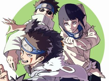 Rule 34 | 1girl, 2boys, absurdres, aburame shino, akamaru (naruto), black hair, blue eyes, brown hair, dog, facial mark, forehead protector, green background, highres, hood, hoodie, hyuuga hinata, inuzuka kiba, jacket, konohagakure symbol, multiple boys, naruto (classic), naruto (series), open mouth, pnpk 1013, round eyewear, sunglasses, teeth, two-tone background, white background, white dog, white hoodie, white jacket