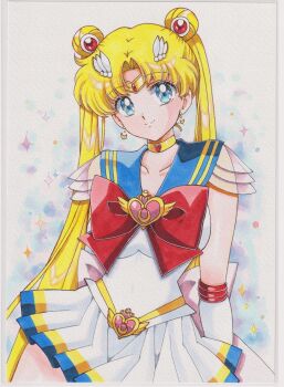 Rule 34 | 1girl, absurdres, bishoujo senshi sailor moon, bishoujo senshi sailor moon supers, blonde hair, blue eyes, blue sailor collar, blush, bow, bowtie, brooch, chikoto (kztc4472), closed mouth, commentary, cowboy shot, crisis moon compact, double bun, elbow gloves, gloves, hair bun, hair ornament, hand up, heart, heart brooch, highres, jewelry, long hair, looking to the side, parted bangs, pleated skirt, red bow, red bowtie, sailor collar, sailor moon, sailor senshi uniform, shirt, short sleeves, skirt, smile, solo, super sailor moon, traditional media, tsukino usagi, twintails, white gloves, white shirt, white skirt, wing hair ornament