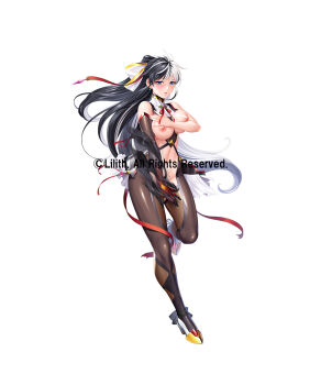 1girl black_hair blue_eyes blush breasts breasts_squeezed_together copyright_name covering_breasts covering_crotch covering_privates elbow_gloves embarrassed full_body gloves hair_ribbon high_heels highres large_breasts lilith-soft multicolored_hair murakumo_ibuki navel ninja nipples official_art ponytail revealing_clothes ribbon sano_toshihide simple_background solo split-color_hair sweat taimanin_(series) taimanin_rpgx taimanin_suit torn_clothes weapon white_hair wide_hips