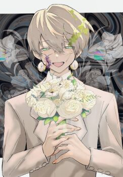 1boy animal animal_on_face blonde_hair bouquet bug centipede commentary_request double-parted_bangs fang fingernails flower green_eyes hair_between_eyes half-closed_eyes highres holding holding_bouquet jacket long_sleeves looking_at_viewer male_focus open_mouth original sahi00000 short_hair smile solo upper_body white_flower white_jacket