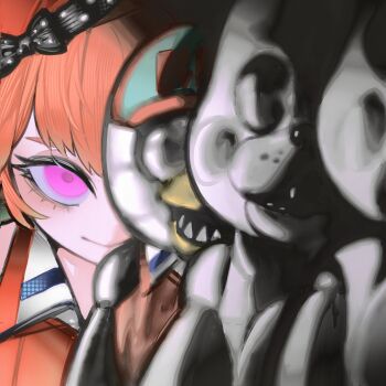 1girl :> absurdres beret blurry blurry_foreground bonnie_(fnaf) commentary english_commentary eyelashes five_nights_at_freddy's five_nights_at_freddy's_2 freddy_fazbear hat highres hololive hololive_english kfp long_hair looking_at_viewer orange_hair orange_hat pungson_mori purple_eyes sharp_teeth smile standing takanashi_kiara takanashi_kiara_(1st_costume) teeth toy_chica upper_body virtual_youtuber