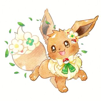 Rule 34 | animal focus, blush, bow, bowtie, brown eyes, commentary request, eevee, flower, full body, gen 1 pokemon, highres, leaf, miketoevecan, nintendo, no humans, poke ball, poke ball (basic), pokemon, pokemon (creature), pokemon focus, simple background, smile, solo, tail, tail ornament, traditional media, white background