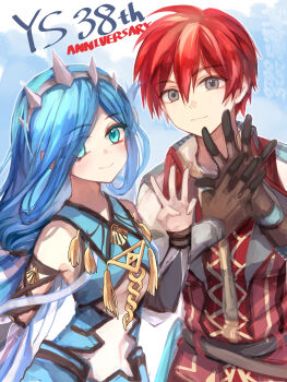 1boy 1girl adol_christin anniversary blue_background blue_eyes blue_hair breasts commentary_request copyright_name dana_iclucia grey_eyes highres long_hair looking_at_viewer navel red_hair short_hair small_breasts standing tiara willfin ys ys_viii:_lacrimosa_of_dana