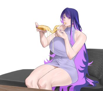 1girl absurdres bare_arms bare_legs breasts cheese cheese_trail colored_inner_hair commentary couch dress earrings eating english_commentary food food_in_mouth genshin_impact highres holding holding_food holding_pizza huge_breasts jewelry looking_at_viewer mature_female multicolored_hair on_couch pizza purple_dress purple_eyes purple_hair purple_nails rahizu5 raiden_shogun simple_background sitting sleeveless sleeveless_dress solo thick_thighs thighs white_background