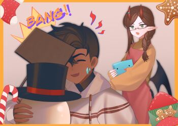 Rule 34 | 2boys, absurdres, adoptive parent and adoptive child, adoptive siblings, alternate costume, androgynous, animification, apron, badboyhalo, braid, brown hair, casual, chinese commentary, christmas, cihuabinggan, closed eyes, commentary request, dapper (quackity smp), dark-skinned male, dark skin, demon boy, demon horns, demon wings, dream smp, egg, family, father and son, glasses, green eyes, hat, highres, horns, humanization, in-franchise crossover, long hair, long sleeves, minecraft youtube, multiple boys, pointy ears, quackity smp, red apron, short hair, side braid, sign, single braid, skeppy, skeppy jr., smile, top hat, wings