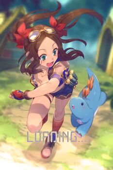 (fate) (ruler) 1girl bikini bikini_top_only blue_shorts blush breasts brown_gloves brown_hair collarbone da_(room) dinosaur echo_(circa) fate/grand_order fate_(series) fingerless_gloves forehead gloves goggles green_eyes hair_ribbon jewelry leonardo leonardo_da_vinci_(fate) leonardo_da_vinci_(fate/grand_order) leonardo_da_vinci_(rider)_(fate) leonardo_da_vinci_(swimsuit_ruler)_(fate) long_hair necklace open_mouth parted_bangs puffy_short_sleeves puffy_sleeves red_bikini red_ribbon ribbon running short_shorts short_sleeves shorts shrug_(clothing) sidelocks small_breasts smile ste-kun_(fate) stegosaurus swimsuit thighs twintails vinci