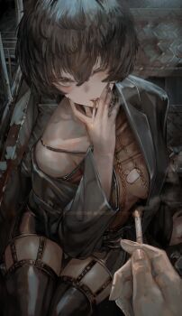 Rule 34 | 1girl, 1other, absurdres, areola slip, armpit crease, belt, black belt, black hair, black jacket, black nails, black skirt, black thighhighs, breasts, breasts apart, chain, chain leash, cigarette, collarbone, commentary request, cowboy shot, delinquent, eyelashes, hair between eyes, hand on own face, highres, holding, holding cigarette, jacket, leash, lighting cigarette, looking at viewer, medium breasts, no bra, one eye closed, open clothes, open jacket, open mouth, original, piercing, pov, pov hands, see-through clothes, see-through shirt, shirt, short hair, single bare shoulder, sitting, sitting on stairs, skirt, smoke, soleil (soleilmtfbwy03), solo, sparkle, stairs, teeth, thigh strap, thighhighs, thighs, tomboy, tongue, tongue out, torn clothes, torn shirt, upper teeth only