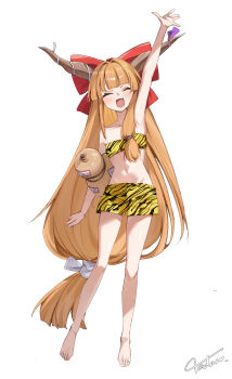 1girl absurdres alternate_costume animal_print arm_up barefoot bikini blonde_hair blush bow breasts brown_horns closed_eyes commentary_request facing_viewer fang gourd hair_bow highres horns ibuki_suika long_hair navel oni open_mouth red_bow signature simple_background skin_fang small_breasts smile solo stomach swimsuit tadano1129 tiger_print toes touhou very_long_hair white_background yellow_bikini