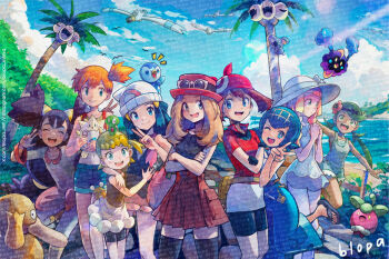 6+girls alolan_exeggutor alolan_form blonde_hair blopa-inf blue_hair bonnie_(pokemon) bounsweet brown_hair cosmog crossed_arms dawn_(pokemon) dedenne gen_1_pokemon gen_2_pokemon gen_3_pokemon gen_4_pokemon gen_6_pokemon gen_7_pokemon green_hair hair_ornament hat iris_(pokemon) komala lana_(pokemon) legendary_pokemon lillie_(pokemon) long_hair low-tied_long_hair mallow_(pokemon) may_(pokemon) misty_(pokemon) multiple_girls nintendo orange_hair piplup pokemon pokemon_(anime) pokemon_(classic_anime) pokemon_(creature) pokemon_bw_(anime) pokemon_dppt_(anime) pokemon_rse_(anime) pokemon_sm_(anime) pokemon_xy_(anime) ponytail psyduck purple_hair serena_(pokemon) short_ponytail standing sunglasses togepi tree v water wingull zygarde zygarde_core
