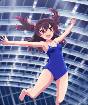 1girl :d ahoge armpits asakura_mihono barefoot blue_one-piece_swimsuit blush breasts brown_hair cleavage collarbone covered_navel dot_nose double-parted_bangs game_cg gradient_hair indoors medium_hair midair multicolored_hair night night_sky official_art one-piece_swimsuit open_mouth outstretched_arms purple_hair red_eyes school_swimsuit short_twintails sky skylight small_breasts smile solo spread_arms star_(sky) starry_sky swimsuit teeth third-party_source toji_no_miko toji_no_miko:_kizamishi_issen_no_tomoshibi twintails upper_teeth_only