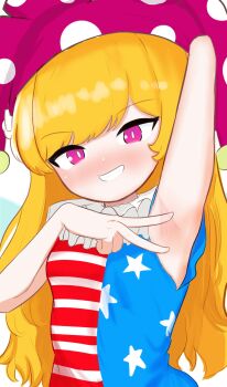 1girl american_flag_dress arm_up armpit_focus armpits blonde_hair blush clownpiece commentary_request dress fairy_wings hat highres jester_cap long_hair looking_at_viewer neck_ruff polka_dot presenting_armpit purple_eyes sleeveless smile solo spread_armpit star_(symbol) star_print striped_clothes touhou upper_body user_mmzt3374 very_long_hair wings