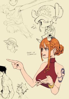 1girl 2boys antlers horns_through_headwear bangle bare_shoulders bracelet braid breasts brown_eyes cropped_torso crossed_arms devil_fruit_power dress earrings edpan elasticity hair_bun hair_up hat highres horns jewelry large_breasts long_hair monkey_d._luffy multiple_boys nami_(one_piece) nami_(one_piece)_(whole_cake_island) official_alternate_costume official_alternate_hairstyle on_head one_piece open_mouth orange_hair pearl_earrings pointing pointing_forward red_dress reindeer_antlers reindeer_boy scar scar_on_chest shoulder_tattoo sidelocks simple_background sitting sleeveless sleeveless_dress straw_hat extendable_limbs tattoo tony_tony_chopper topless_male turtleneck turtleneck_dress upper_body