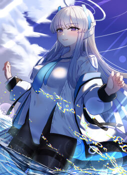 Rule 34 | 1girl, blue archive, blush, breasts, closed mouth, collarbone, collared shirt, commentary request, covered navel, grey hair, halo, headphones, highres, jacket, kuwahara taiki, large breasts, long hair, looking at viewer, mechanical halo, noa (blue archive), one-piece swimsuit, outdoors, pantyhose, pantyhose under swimsuit, purple eyes, shirt, sky, smile, solo, swimsuit, white halo, white jacket, white one-piece swimsuit