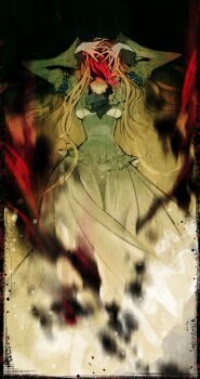 1girl blonde_hair charlotte_bronte commentary darkness dress facing_viewer green_dress hashtag-only_commentary hinata_(echoloveloli) long_hair shikkoku_no_sharnoth solo steampunk_(liarsoft) very_long_hair