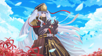 1girl altair_(re:creators) armband belt black_gloves black_hat black_jacket blue_eyes buttons commission crossed_bangs epaulettes floating_hair floral_background flower gauntlets gloves hair_between_eyes hair_ribbon hat high_collar highres holding holding_flower jacket lion_head_(ornament) long_hair long_sleeves metal_gloves military military_hat military_uniform multicolored_eyes re:creators red_eyes red_flower red_ribbon ribbon samsam_s2s sash shako_cap shoulder_sash sidelocks solo spider_lily twintails very_long_hair white_flower white_hair yellow_belt