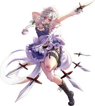 1girl absurdres battle_damage black_dress black_panties breasts commentary dress edz_drawz english_commentary full_body grey_hair highres holding holding_knife izayoi_sakuya knife maid maid_headdress medium_breasts panties red_eyes short_hair simple_background solo sunlight thighs torn_clothes torn_dress touhou transparent_background underwear