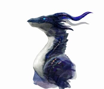 Rule 34 | blue eyes, blue scales, commentary request, dragon, glowing, glowing eyes, nagabe, no humans, original, simple background, solo, upper body, western dragon, white background