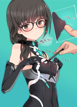 1girl bare_shoulders black-framed_eyewear black_dress black_gloves black_hair black_scrunchie breasts character_request closed_mouth copyright_request covered_erect_nipples covered_navel dress elbow_gloves glasses gloves hair_ornament hair_over_shoulder hair_scrunchie long_hair low_ponytail nipple_rub nipple_rub_through_clothes nipple_stimulation ponytail scrunchie shimada_fumikane small_breasts solo_focus translation_request upper_body