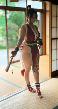 Rule 34 | 1girl, blurry, blurry background, cherry blossom print, cosplay, cosplay photo, fatal fury, female focus, floral print, highres, motoyui, photo (medium), real life, shiranui mai, shiranui mai (cosplay), snk, solo, sumire9144, the king of fighters