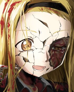 1girl bangs_pinned_back black_hairband blonde_hair blood blood_in_hair blood_on_clothes blood_on_face broken_bottle broken_mask close-up collared_shirt commentary_request crack cracked_kawaii_mask cracked_mask crying crying_with_eyes_open empty_eyes facial_scar hairband highres kirarazaka_marina mask open_mouth orioncha_ns2 scar scar_on_cheek scar_on_face school_uniform shirt solo takopii_no_genzai tears yellow_eyes