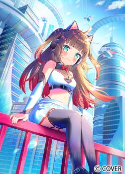 Rule 34 | 1girl, ahoge, animal ear headphones, animal ears, aqua eyes, bandeau, black boots, black shirt, blue sky, blunt bangs, boots, bow, bowtie, brown hair, cat ear headphones, cat ears, chest belt, cityscape, closed mouth, cloud, commentary request, copyright name, day, detached sleeves, fake animal ears, flat chest, flying car, garter straps, gradient hair, halter shirt, halterneck, headphones, highleg, highleg panties, hololive, ikari (aor3507), long hair, long sleeves, looking at viewer, miniskirt, multicolored hair, natsuiro matsuri, natsuiro matsuri (re:start), navel, official alternate costume, official alternate hairstyle, official art, outdoors, overskirt, panties, panty straps, pink hair, platform boots, pleated skirt, red bow, red bowtie, see-through cleavage, see-through clothes, shirt, sitting, sitting on fence, skirt, sky, sleeveless, sleeveless shirt, smile, solo, stomach, thigh boots, two side up, undershirt, underwear, v-shaped eyebrows, virtual youtuber, white bandeau, white skirt, white sleeves