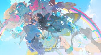 1girl absurdres aqua_eyes black_hair blue_sky chinese_commentary cloud commentary_request commission floating_hair hair_ornament highres kite long_hair long_sleeves looking_at_viewer original robe sky solo very_long_hair watermark white_robe wide_sleeves xixun