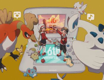 1boy 1girl apricorn backwards_hat baseball_cap beak bird black_hair blue_overalls blush bow brown_eyes brown_hair chikorita closed_eyes closed_mouth cyndaquil emoticon ethan_(pokemon) flying gen_2_pokemon handheld_game_console hat hat_bow highres ho-oh jacket legendary_pokemon long_hair long_sleeves lugia lyra_(pokemon) marill mikakami1e newsboy_cap nintendo nintendo_ds open_mouth overalls pants pichu pokemon pokemon_(creature) pokemon_hgss red_jacket red_shirt ribbon screen shirt short_hair smile thighhighs togetic twintails white_hat white_thighhighs wings yellow_bag