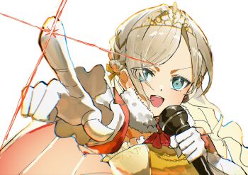 Rule 34 | 1girl, :d, a deru note, blue eyes, ceras yanagida lilienfeld, check commentary, commentary request, diffraction spikes, dress, edelinien, elbow gloves, gloves, gold tiara, grey hair, highres, holding, holding microphone, long hair, looking at viewer, love live!, love live! hasu no sora jogakuin school idol club, microphone, open mouth, pointing, simple background, smile, solo, strapless, strapless dress, v-shaped eyebrows, virtual youtuber, wavy hair, white background, white gloves, zen66574227