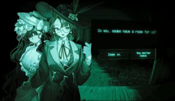 2girls :o black_ribbon bow collared_shirt dialogue_box dialogue_options dress eyewear_strap flower glasses gloves green_theme hair_over_one_eye hand_up hat hat_bow hat_feather hat_flower highres holding_hands isolde_(reverse:1999) jacket kakania_(reverse:1999) long_hair looking_at_viewer monochrome multiple_girls nats_(d0ughnats) night_vision no_i&#039;m_not_a_human one_eye_covered open_mouth parody pov_peephole reverse:1999 ribbon semi-rimless_eyewear shirt under-rim_eyewear upper_body veil